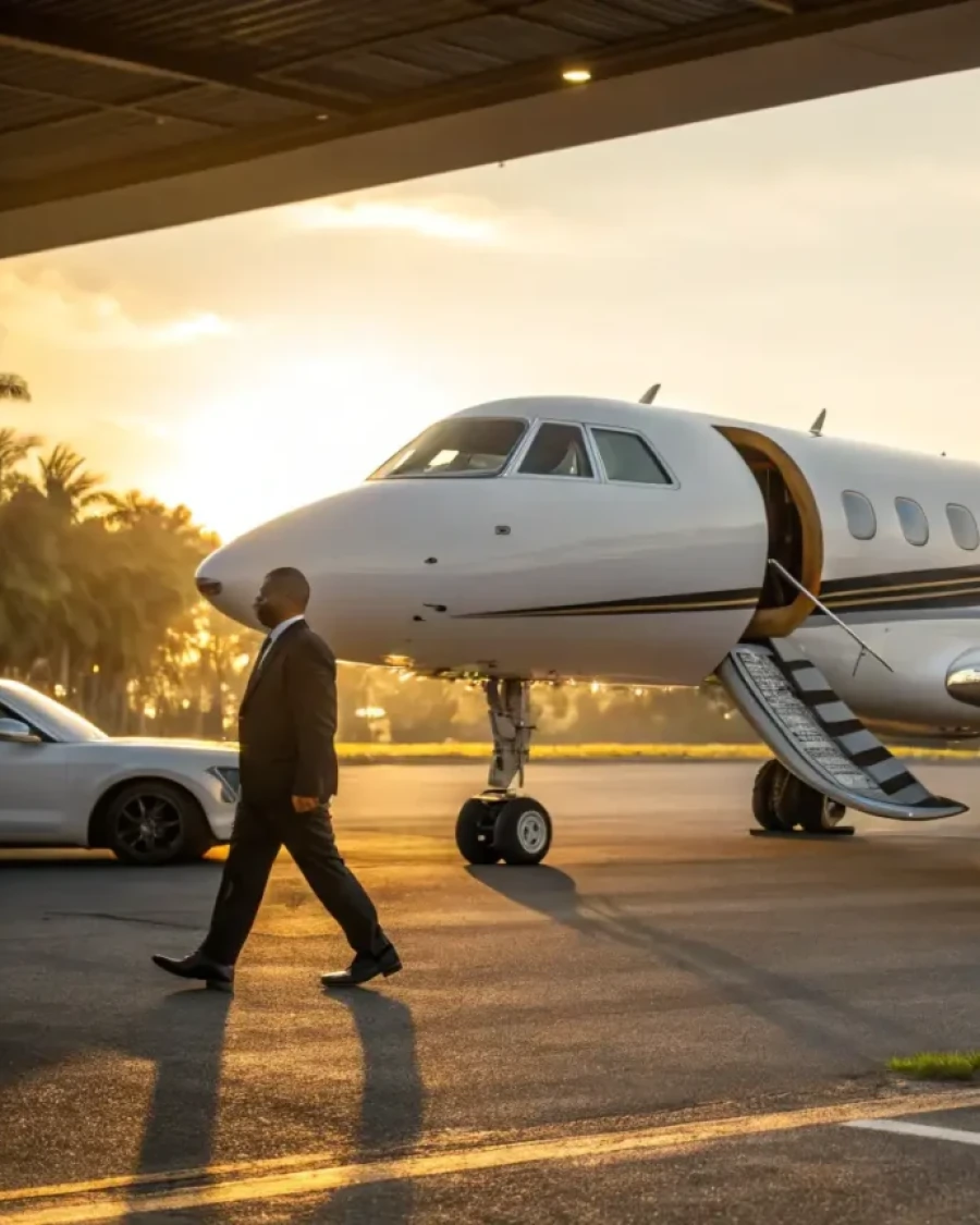 Passenger in a suit walking toward a waiting private jet at sunset