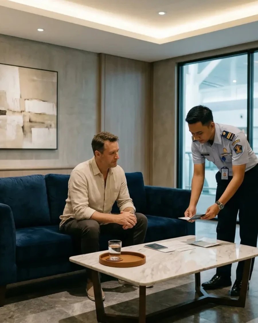Immigration officer processing documents for a guest in a private VIP lounge