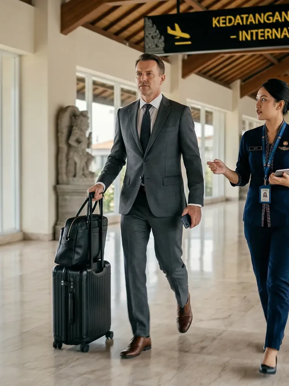 Executive met by a greeter in the international arrivals hall at Bali