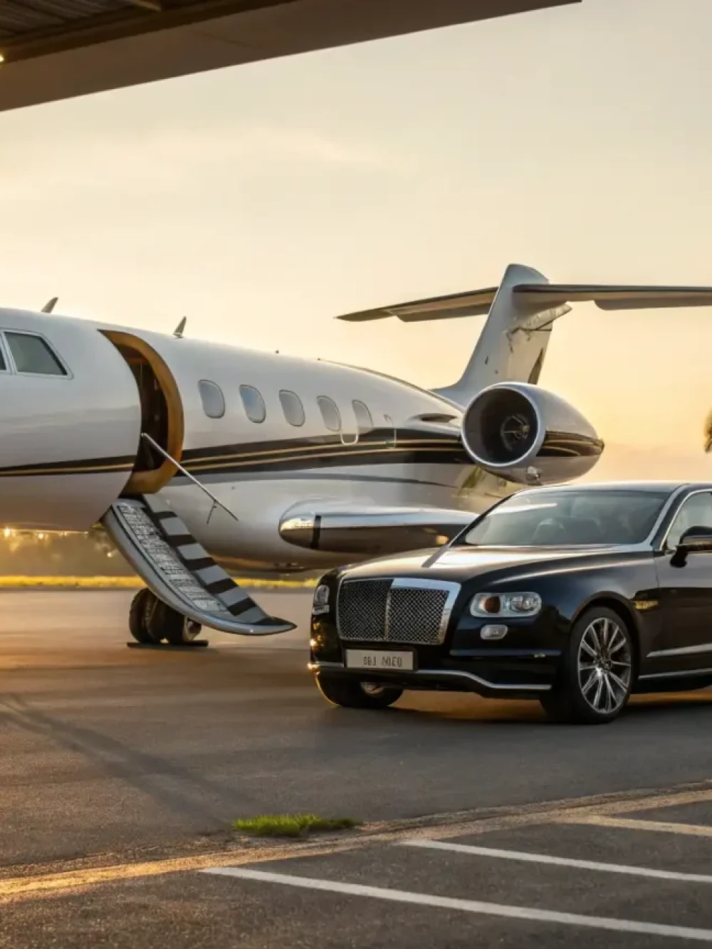 Private jet with airstairs down and a chauffeured car waiting on the apron at golden hour